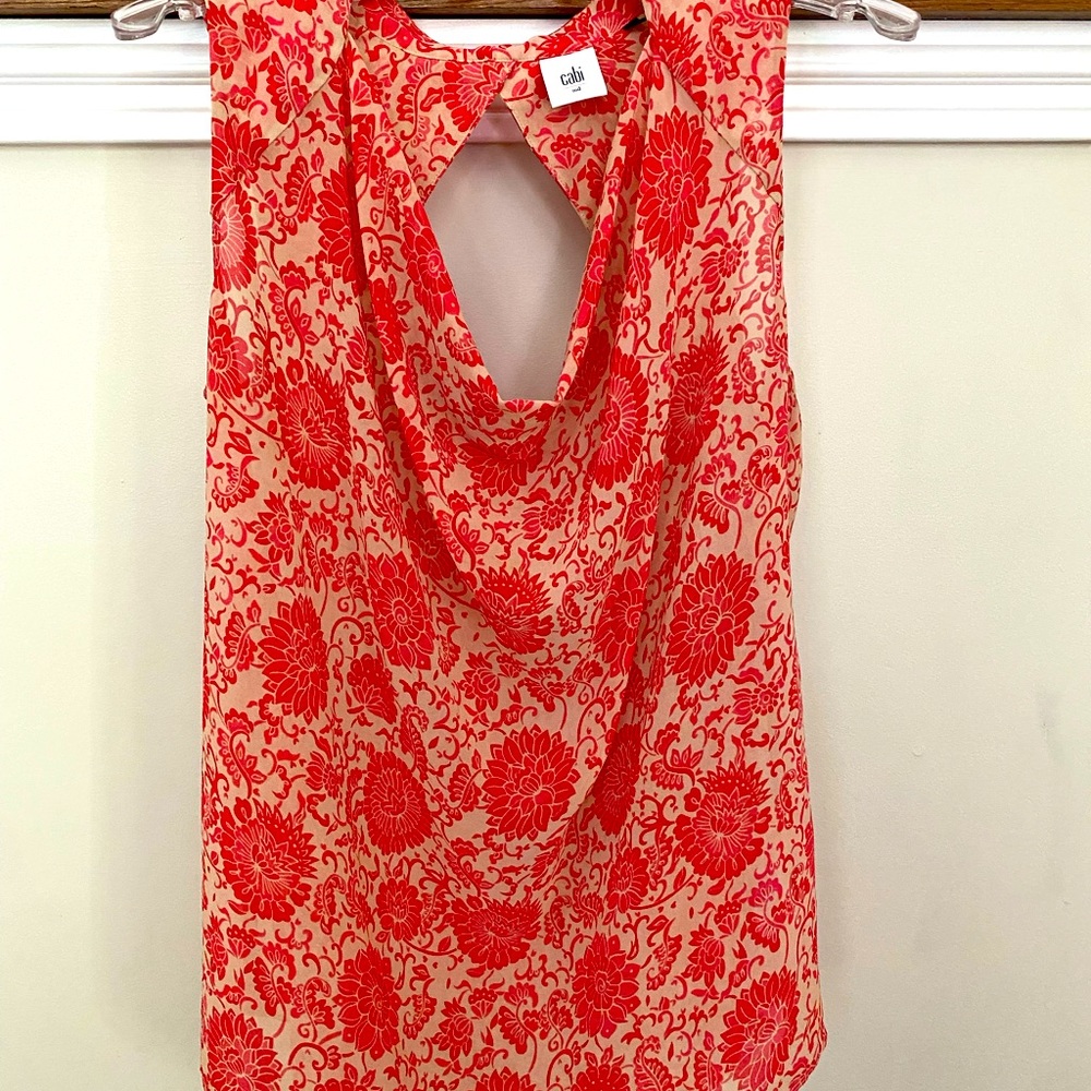CAbi sheer coral and taupe top with cutout detail back